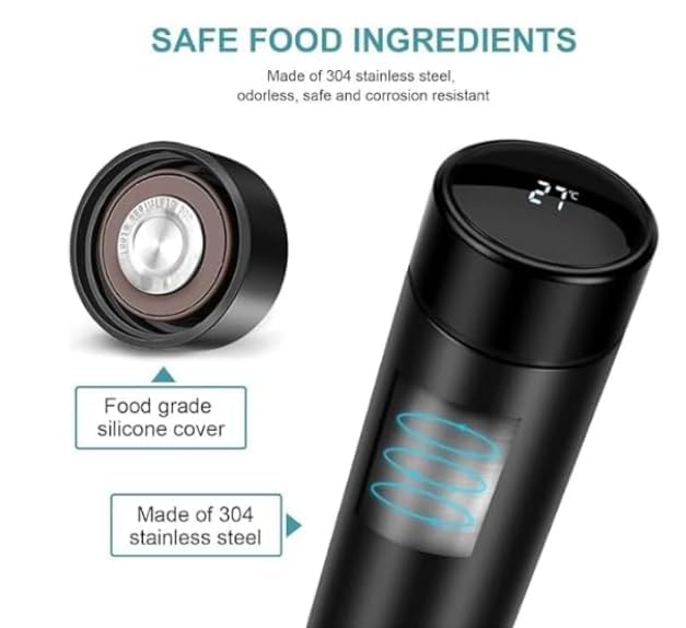 Vacuum Insulated Water Bottle, Stainless Steel, Smart Temperature Dis. Leakproof, Reusable, for Office, Gym, and Travel