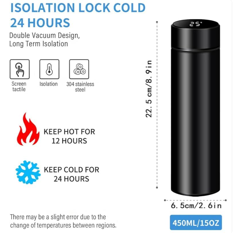 Vacuum Insulated Water Bottle, Stainless Steel, Smart Temperature Dis. Leakproof, Reusable, for Office, Gym, and Travel