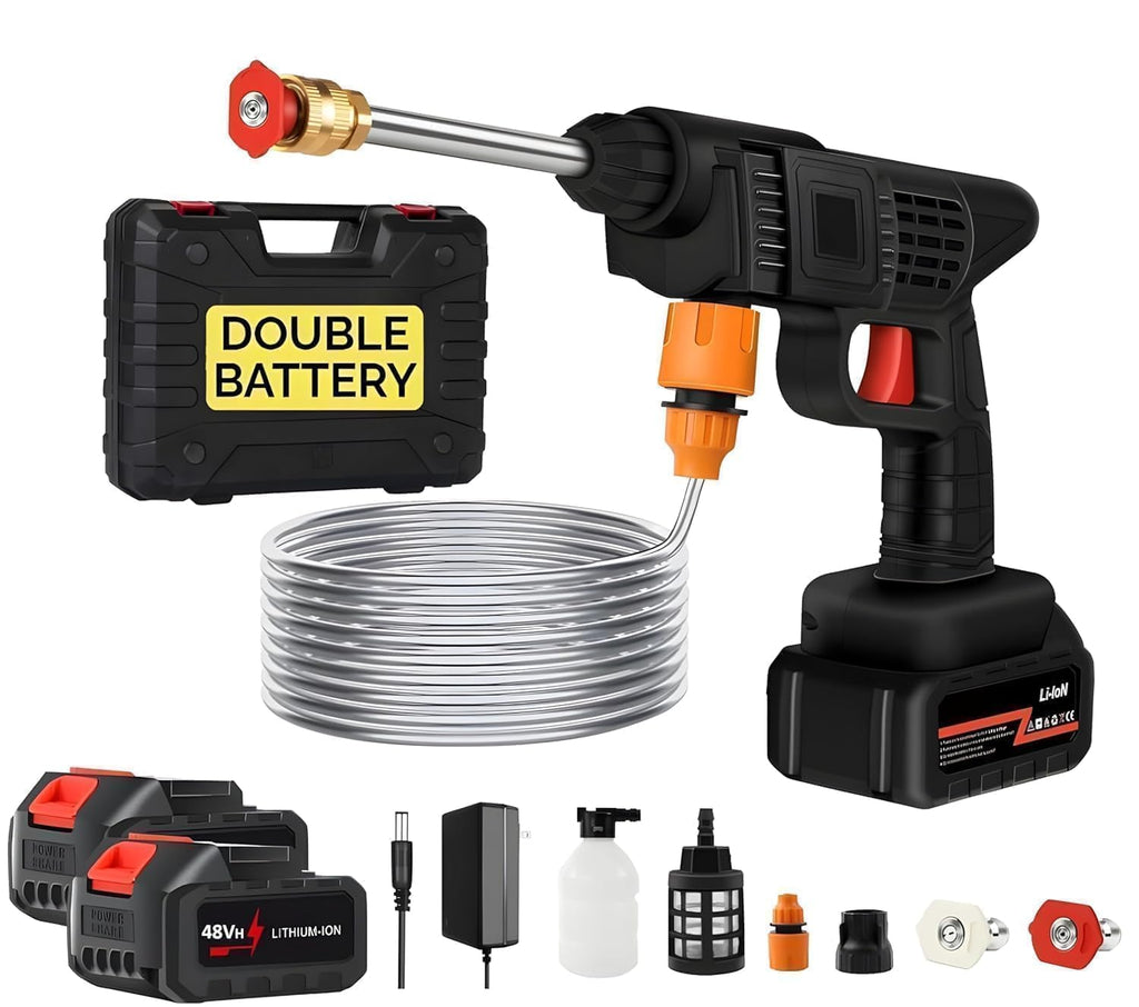 (Double Battery) Cordless Portable Wireless Pressure Washer Gun 48V 12000mAh High Pressure Water Gun for Car Wash & Bikes Cleaning with Adjustable Nozzles & 5M Hose Pipe Car