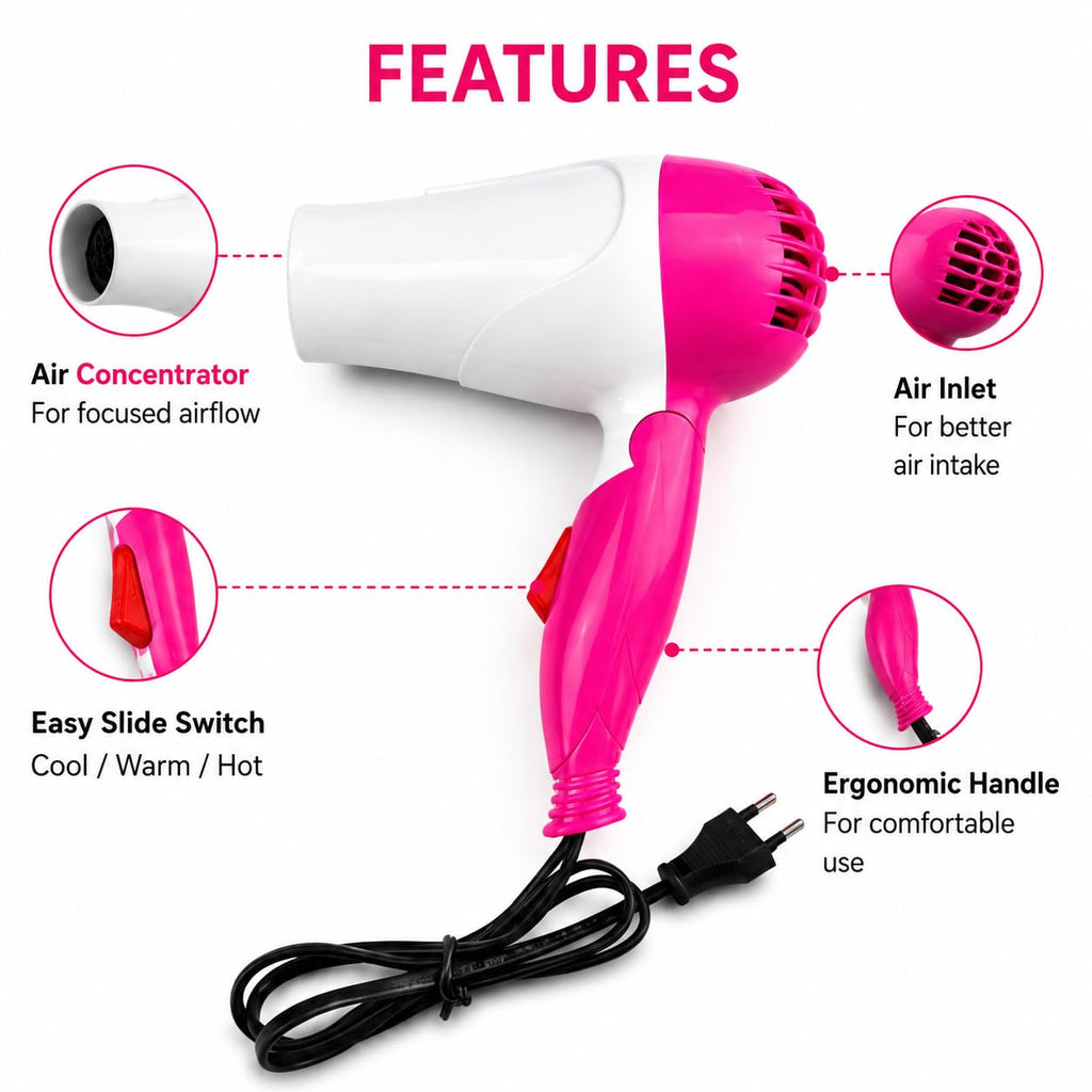 Professional Hair Dryer for Women & Men | Foldable Hot & Cool Air Hair Dryer with Concentrator Nozzle | Fast Drying Low Noise Hair Styling Dryer for Home & Travel (Pack of 1)
