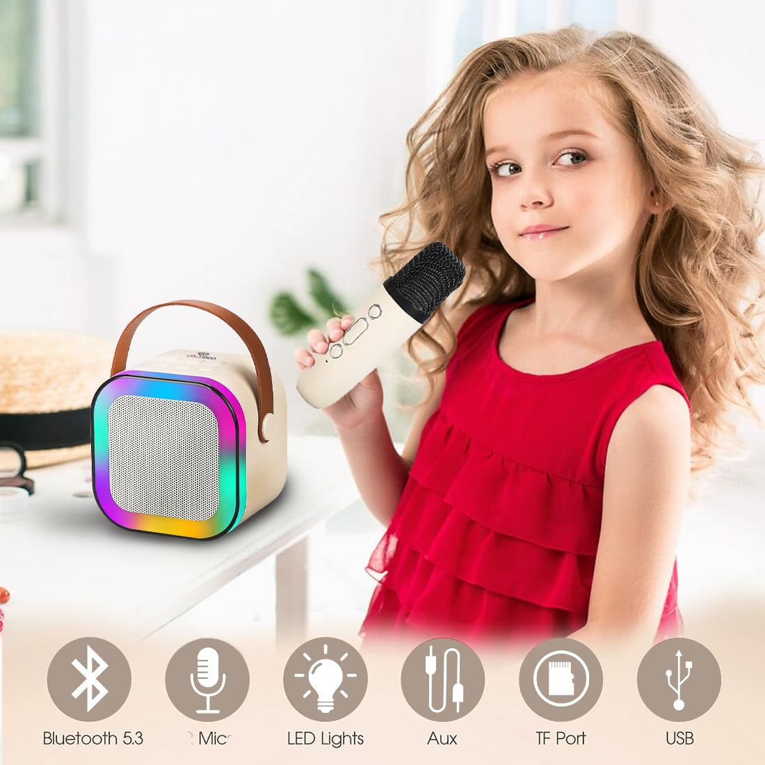 Rechargeable Karaoke Mic with Speaker for Singing | Wireless Mini Portable Bluetooth Speaker with Microphone & LED Lights | Cute Birthday Gift for Kids Musical Toys for Boys, Girls and Adults
