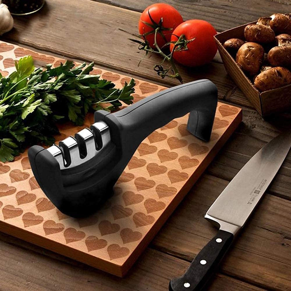 Knife Sharpener Manual 3 Stage Knives Sharpner Tool Advanced Knife Sharpener for Kitchen Knife Sharpner Knives Sharpening Tool for Steel Knives (Black)