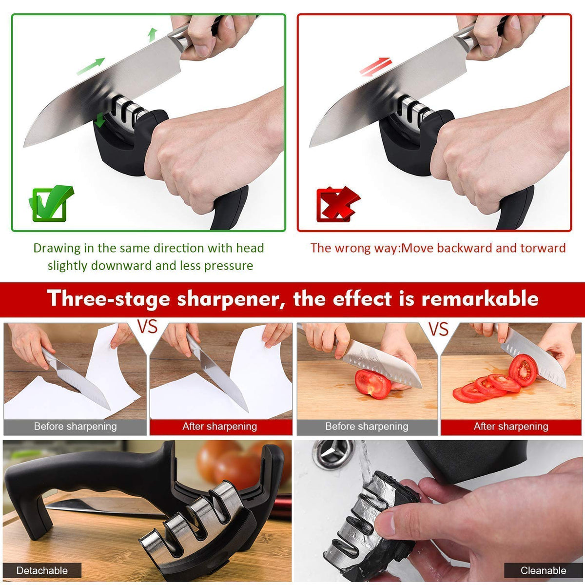Knife Sharpener Manual 3 Stage Knives Sharpner Tool Advanced Knife Sharpener for Kitchen Knife Sharpner Knives Sharpening Tool for Steel Knives (Black)