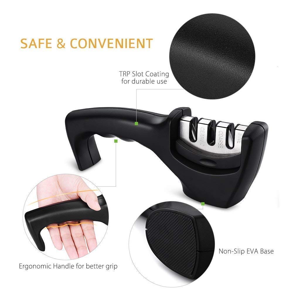 Knife Sharpener Manual 3 Stage Knives Sharpner Tool Advanced Knife Sharpener for Kitchen Knife Sharpner Knives Sharpening Tool for Steel Knives (Black)