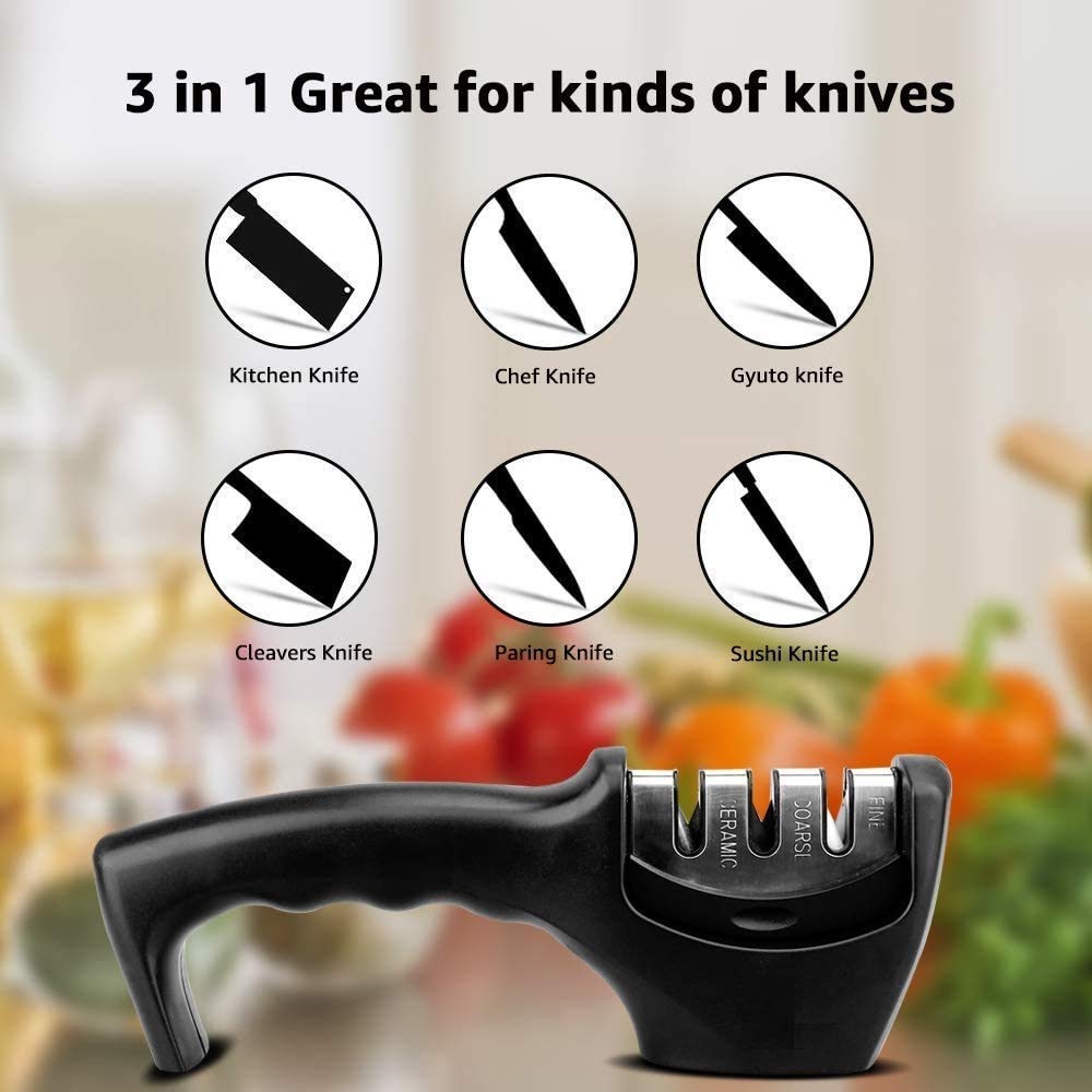 Knife Sharpener Manual 3 Stage Knives Sharpner Tool Advanced Knife Sharpener for Kitchen Knife Sharpner Knives Sharpening Tool for Steel Knives (Black)