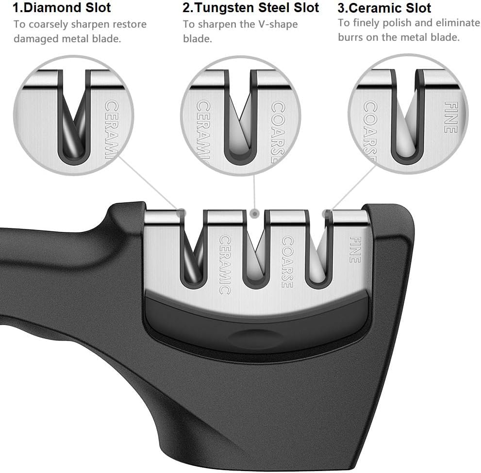 Knife Sharpener Manual 3 Stage Knives Sharpner Tool Advanced Knife Sharpener for Kitchen Knife Sharpner Knives Sharpening Tool for Steel Knives (Black)