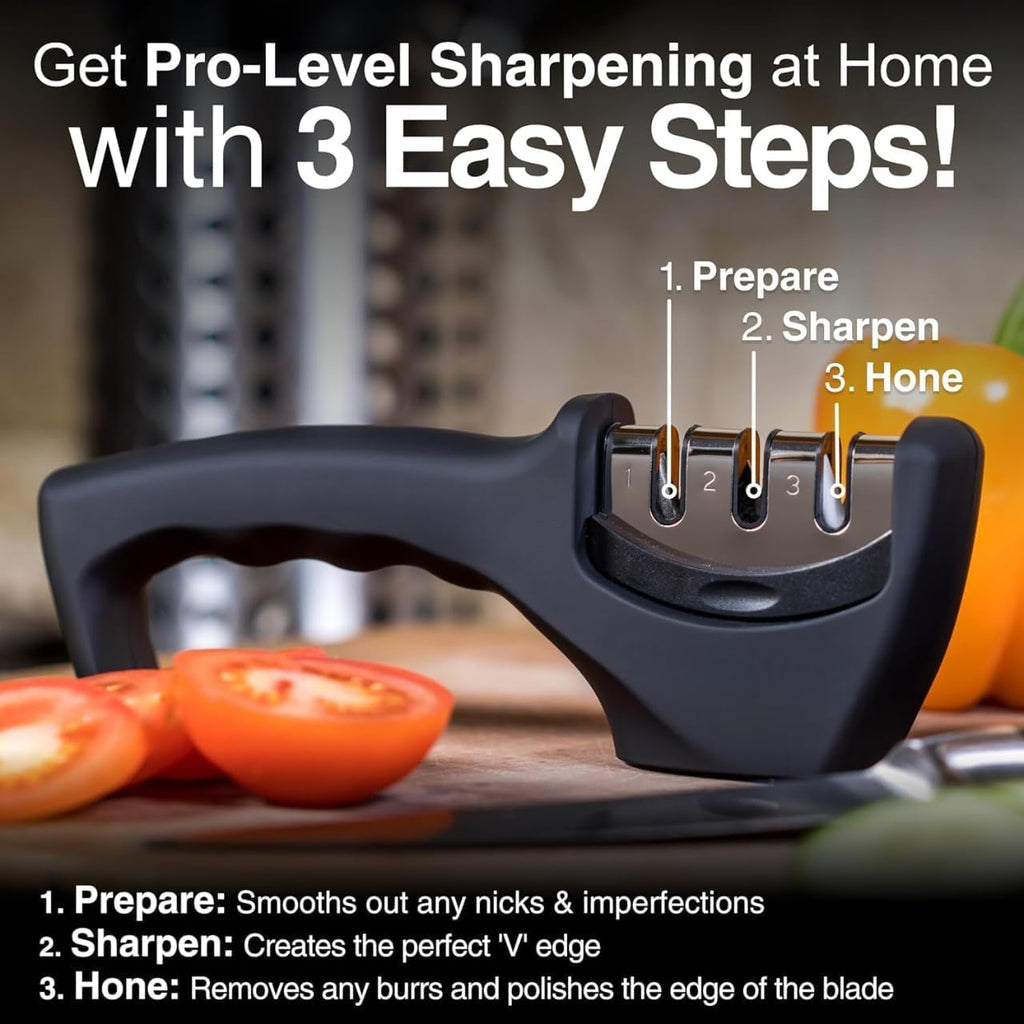 Knife Sharpener Manual 3 Stage Knives Sharpner Tool Advanced Knife Sharpener for Kitchen Knife Sharpner Knives Sharpening Tool for Steel Knives (Black)