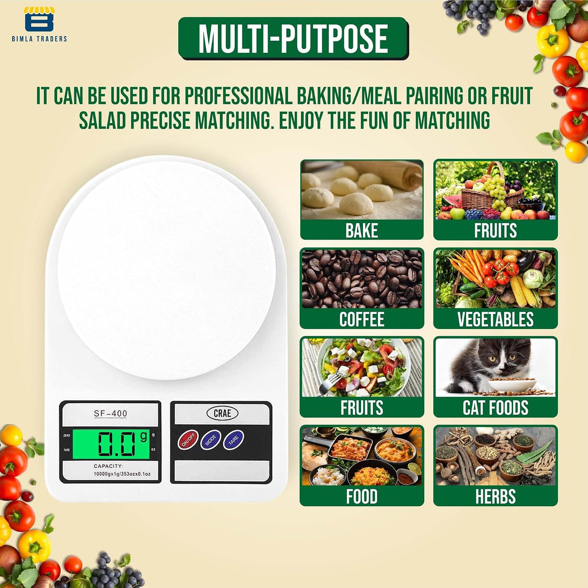 SF-400 Digital Kitchen Weighing Scale | 10Kg x 1g Precision | Food Scale with LCD Display for Cooking, Baking, Meal Prep & Healthy Diet | (White)