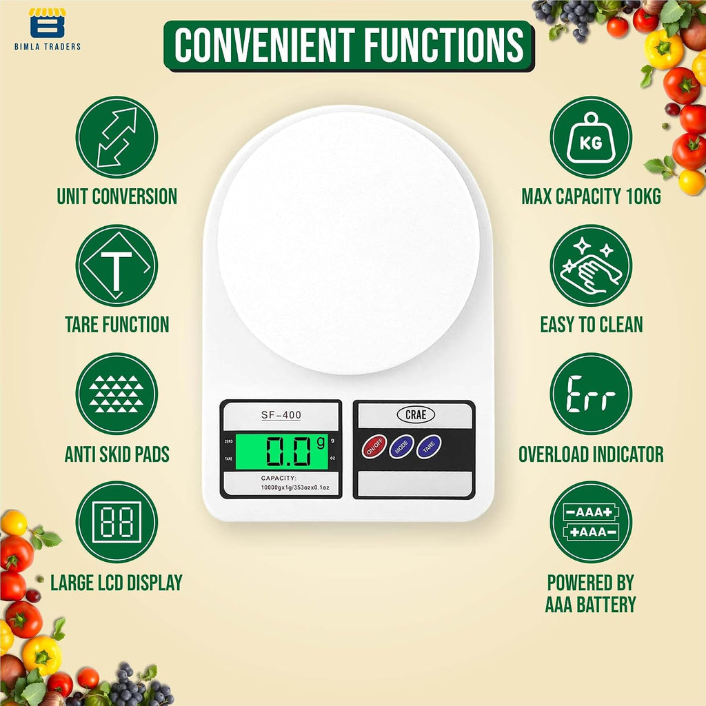 SF-400 Digital Kitchen Weighing Scale | 10Kg x 1g Precision | Food Scale with LCD Display for Cooking, Baking, Meal Prep & Healthy Diet | (White)