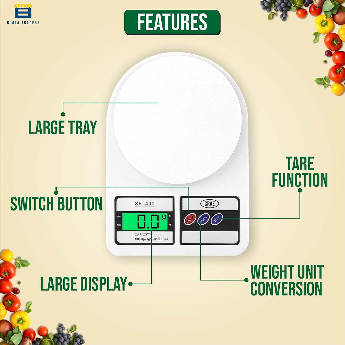 SF-400 Digital Kitchen Weighing Scale | 10Kg x 1g Precision | Food Scale with LCD Display for Cooking, Baking, Meal Prep & Healthy Diet | (White)