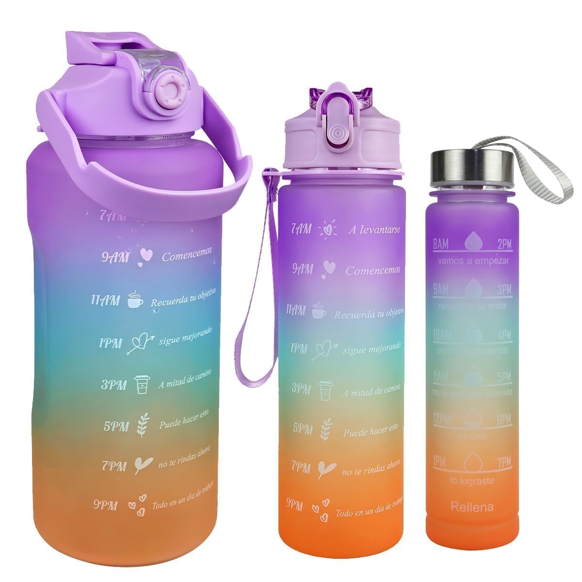 Motivational Water Bottle Set of 3 Pcs Time Marker with Straw, Unbreakable Leakproof BPA free Non-toxic Sipper Bottle for Office, Sports, Gym, School