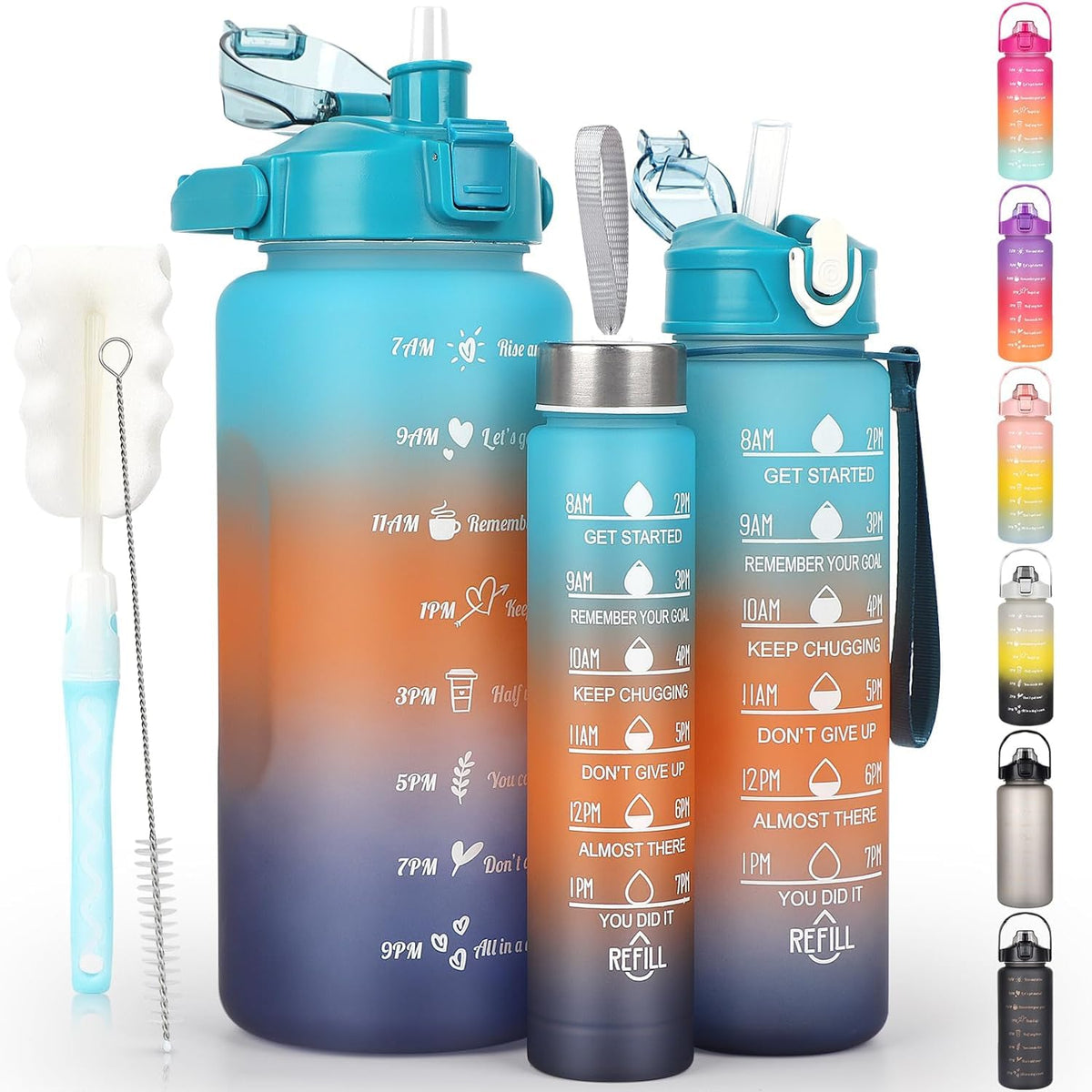 Motivational Water Bottle Set of 3 Pcs Time Marker with Straw, Unbreakable Leakproof BPA free Non-toxic Sipper Bottle for Office, Sports, Gym, School