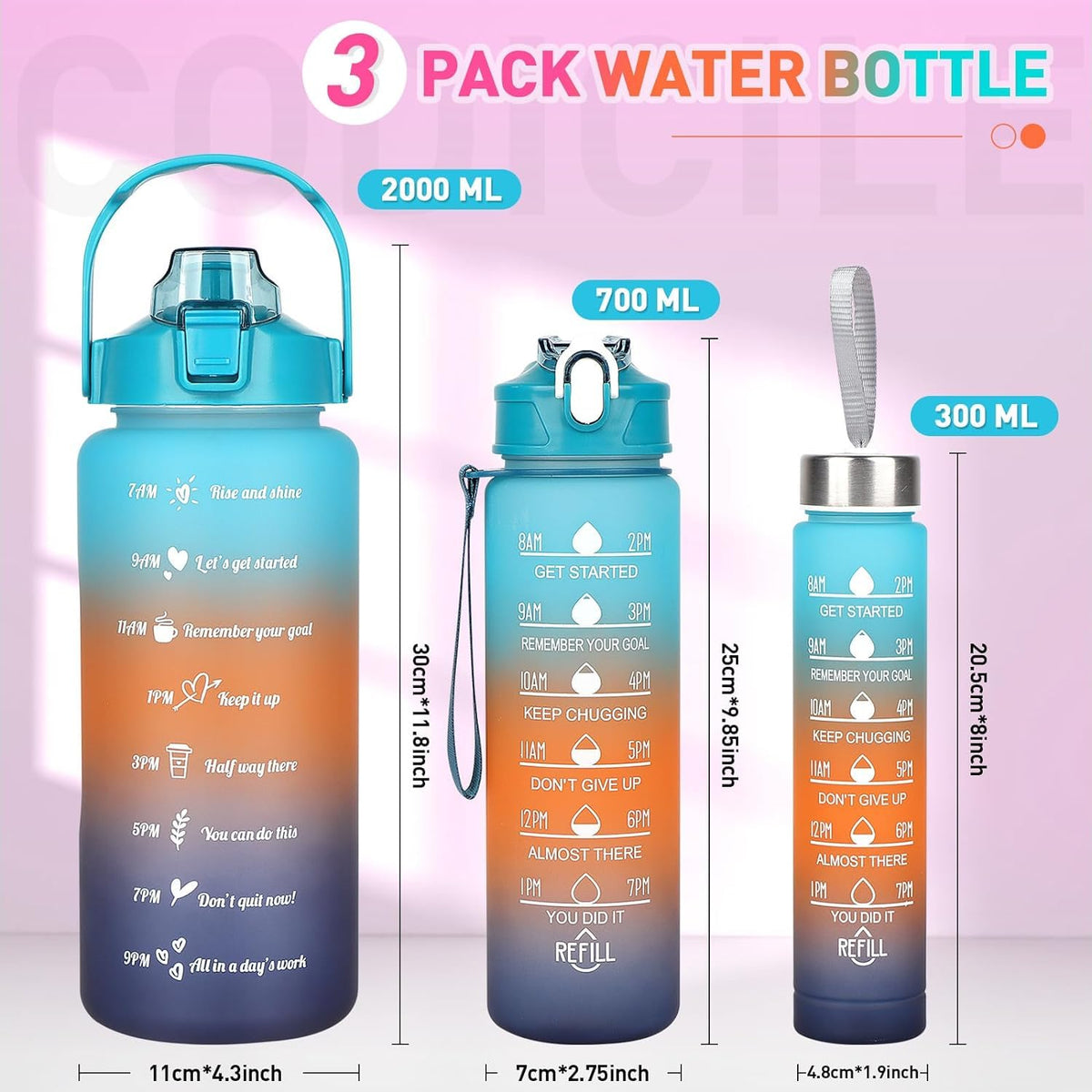 Motivational Water Bottle Set of 3 Pcs Time Marker with Straw, Unbreakable Leakproof BPA free Non-toxic Sipper Bottle for Office, Sports, Gym, School