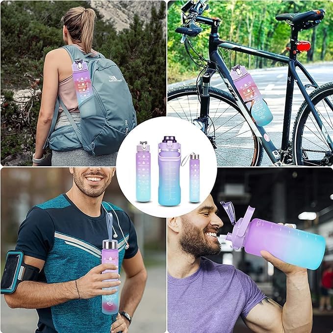 Motivational Water Bottle Set of 3 Pcs Time Marker with Straw, Unbreakable Leakproof BPA free Non-toxic Sipper Bottle for Office, Sports, Gym, School