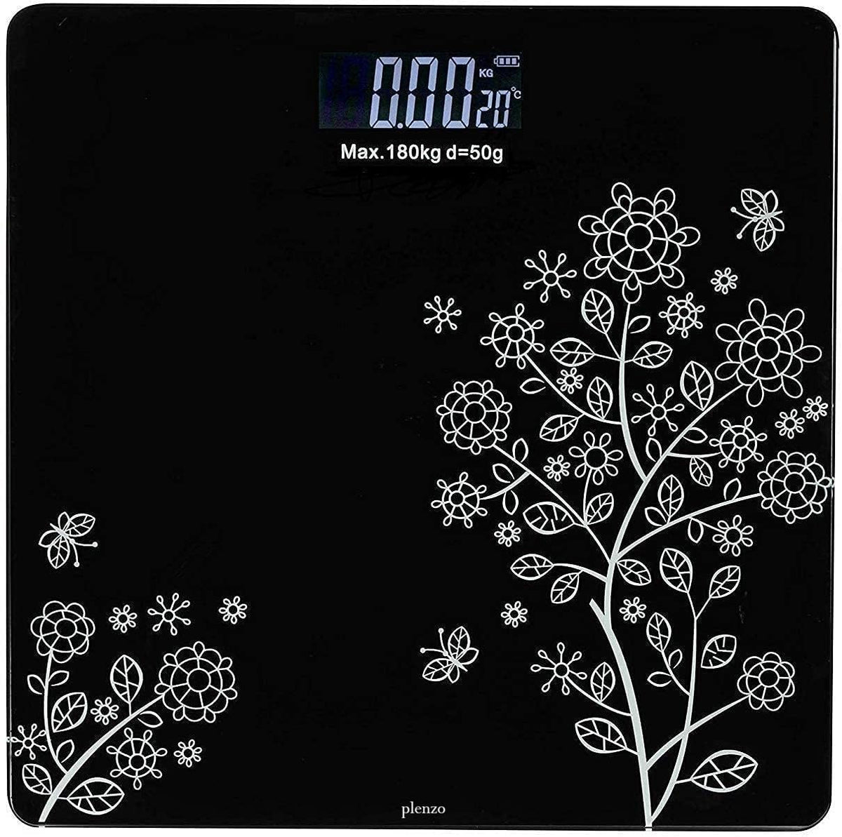 Digital Body Weight Scale with LCD Display, Tempered Glass Platform, Floral Pattern, Accurate Bathroom Weighing Machine, Black