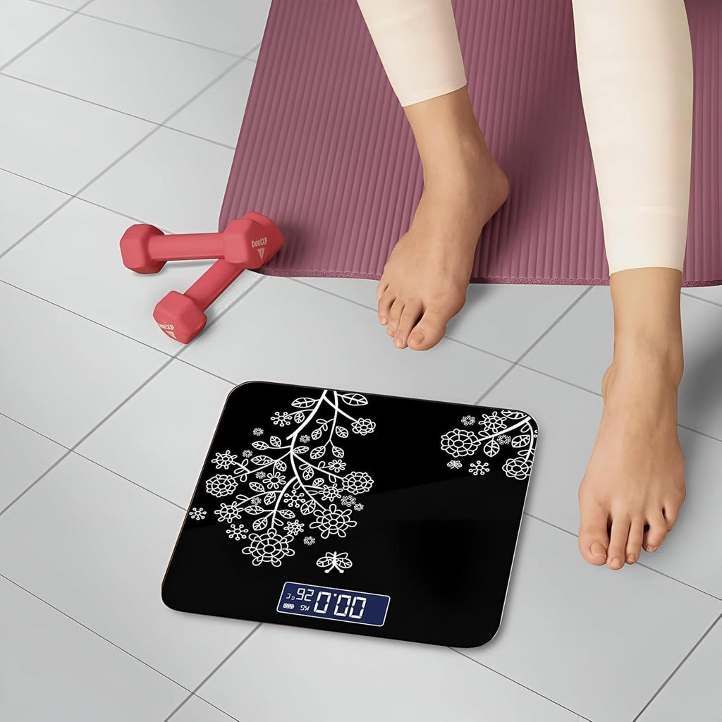 Digital Body Weight Scale with LCD Display, Tempered Glass Platform, Floral Pattern, Accurate Bathroom Weighing Machine, Black