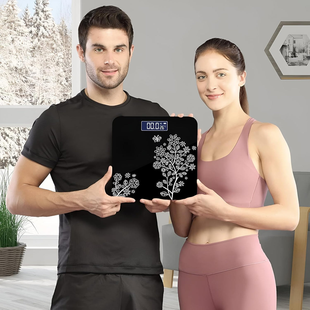 Digital Body Weight Scale with LCD Display, Tempered Glass Platform, Floral Pattern, Accurate Bathroom Weighing Machine, Black