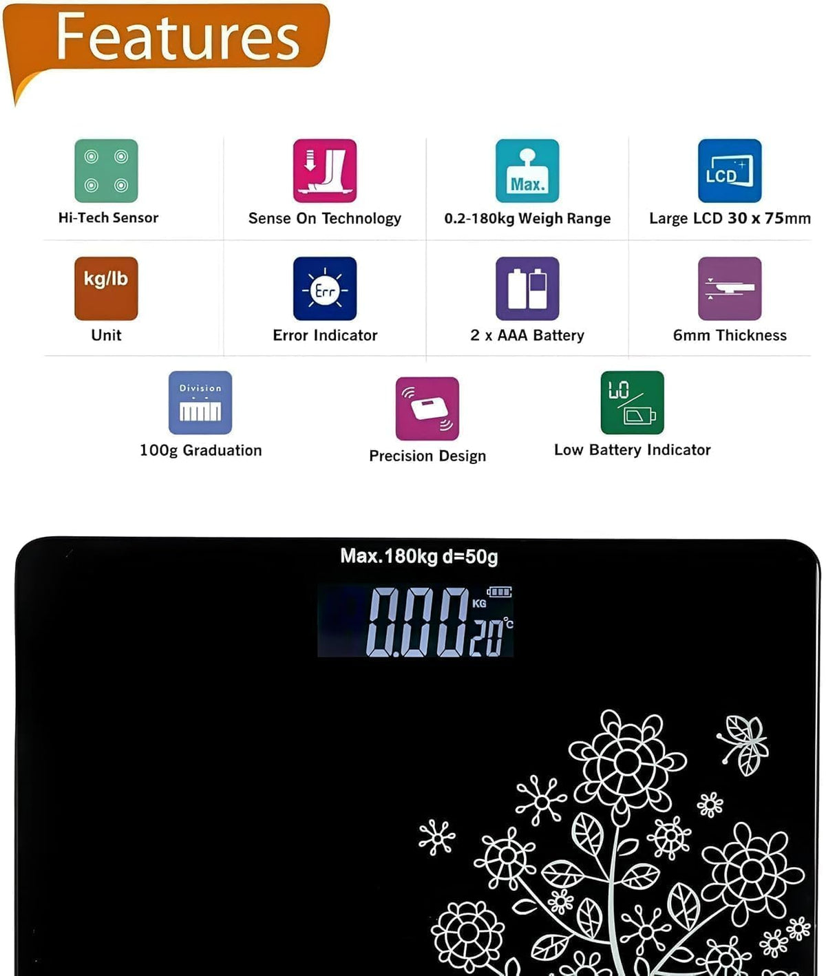 Digital Body Weight Scale with LCD Display, Tempered Glass Platform, Floral Pattern, Accurate Bathroom Weighing Machine, Black