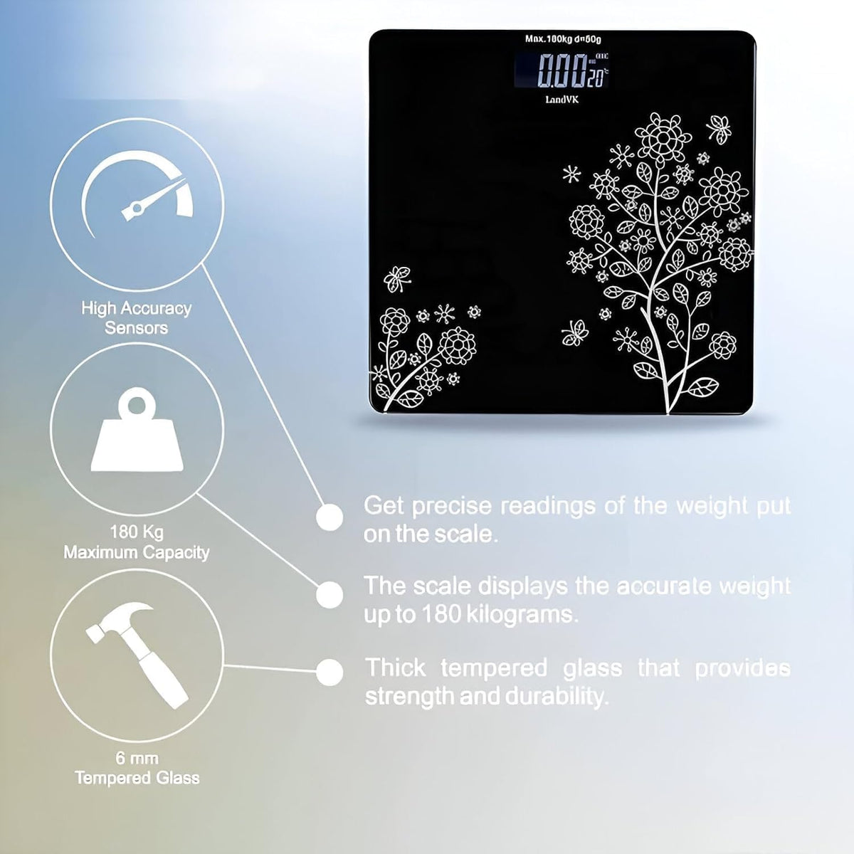 Digital Body Weight Scale with LCD Display, Tempered Glass Platform, Floral Pattern, Accurate Bathroom Weighing Machine, Black