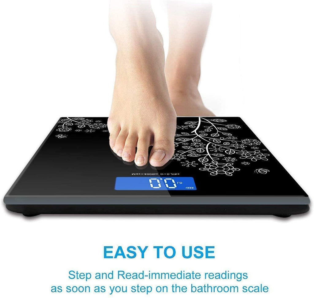 Digital Body Weight Scale with LCD Display, Tempered Glass Platform, Floral Pattern, Accurate Bathroom Weighing Machine, Black