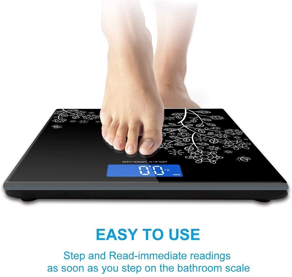 Digital Body Weight Scale with LCD Display, Tempered Glass Platform, Floral Pattern, Accurate Bathroom Weighing Machine, Black