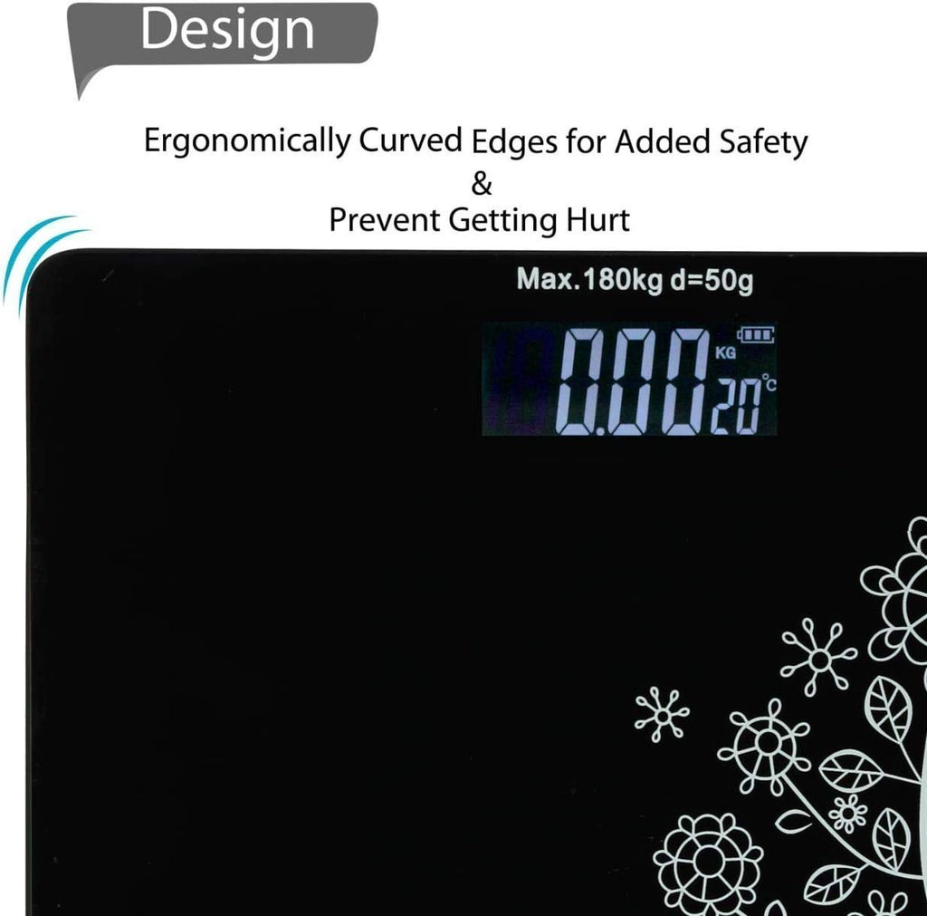 Digital Body Weight Scale with LCD Display, Tempered Glass Platform, Floral Pattern, Accurate Bathroom Weighing Machine, Black
