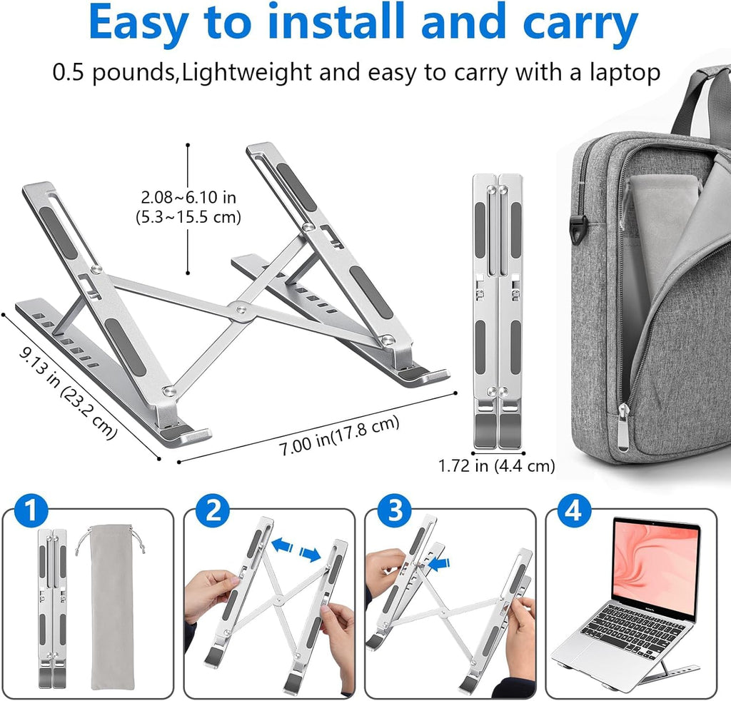 6 Angles Adjustable Aluminum Ergonomic Foldable Portable Tabletop Laptop/Desktop Riser Stand Holder Compatible for MacBook, HP, Dell, Lenovo & All Other Notebook & Laptops