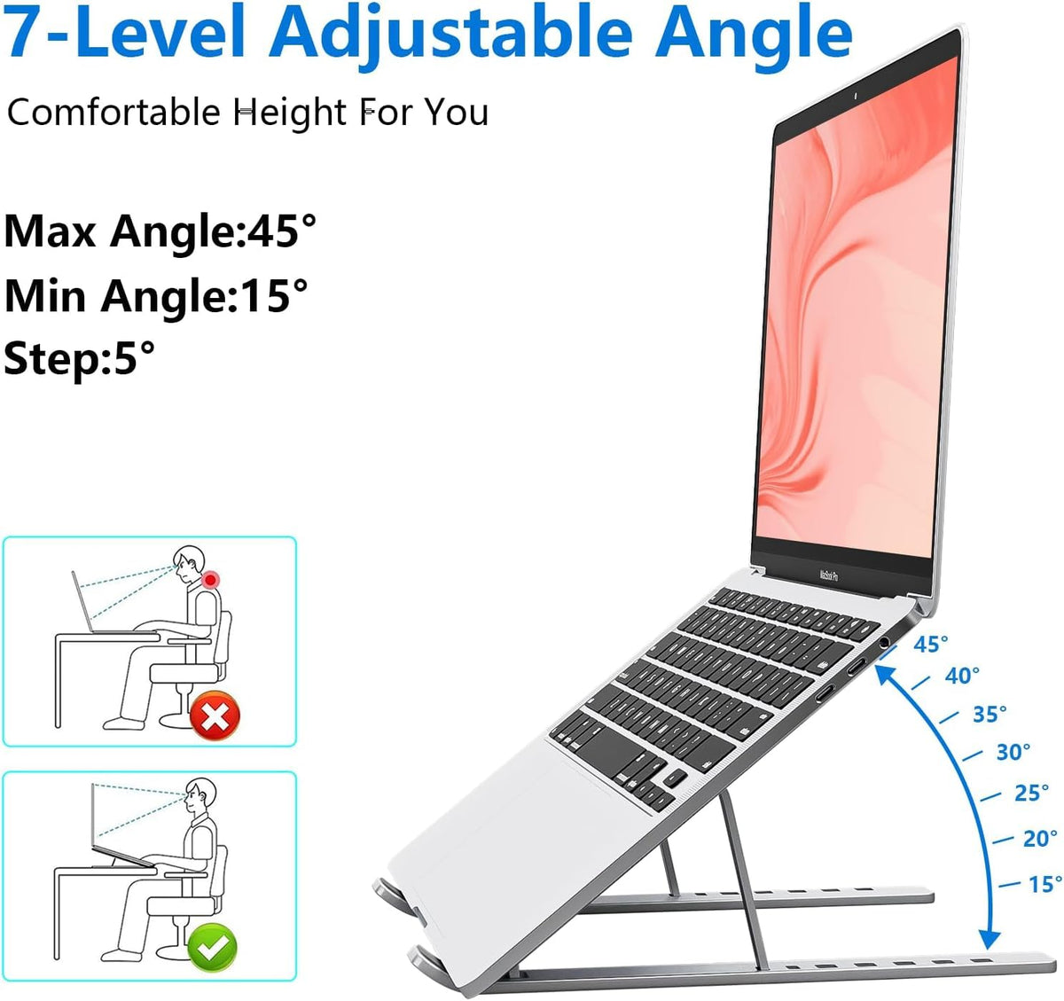 6 Angles Adjustable Aluminum Ergonomic Foldable Portable Tabletop Laptop/Desktop Riser Stand Holder Compatible for MacBook, HP, Dell, Lenovo & All Other Notebook & Laptops
