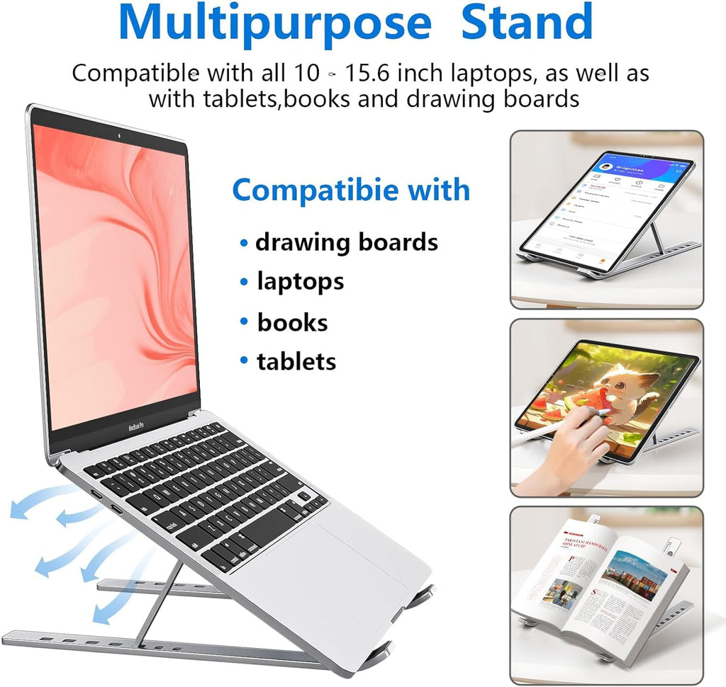 6 Angles Adjustable Aluminum Ergonomic Foldable Portable Tabletop Laptop/Desktop Riser Stand Holder Compatible for MacBook, HP, Dell, Lenovo & All Other Notebook & Laptops