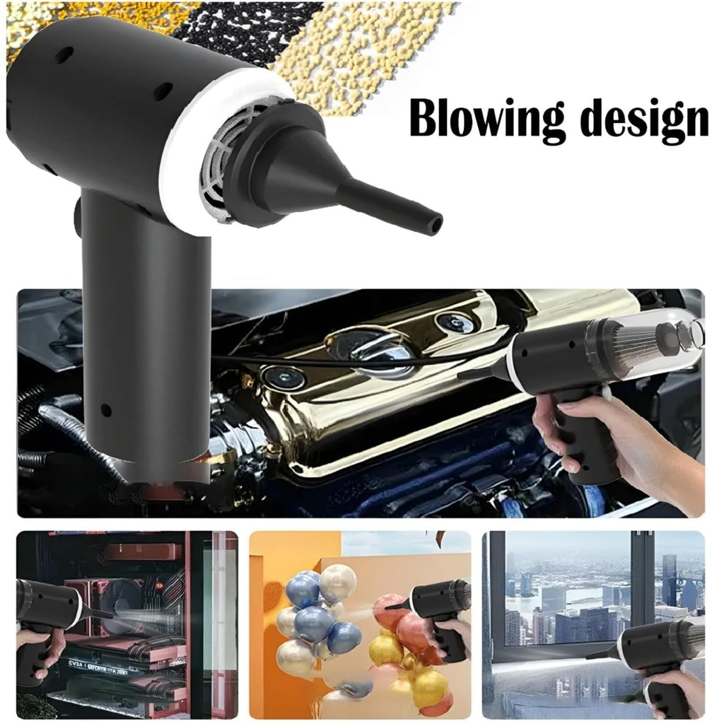 Portable 3-in-1 Car Vaccum Cleaner with Blower, USB Rechargeable, Black, Wireless Handheld Mini Design, Strong Suction, Washable HEPA Filter