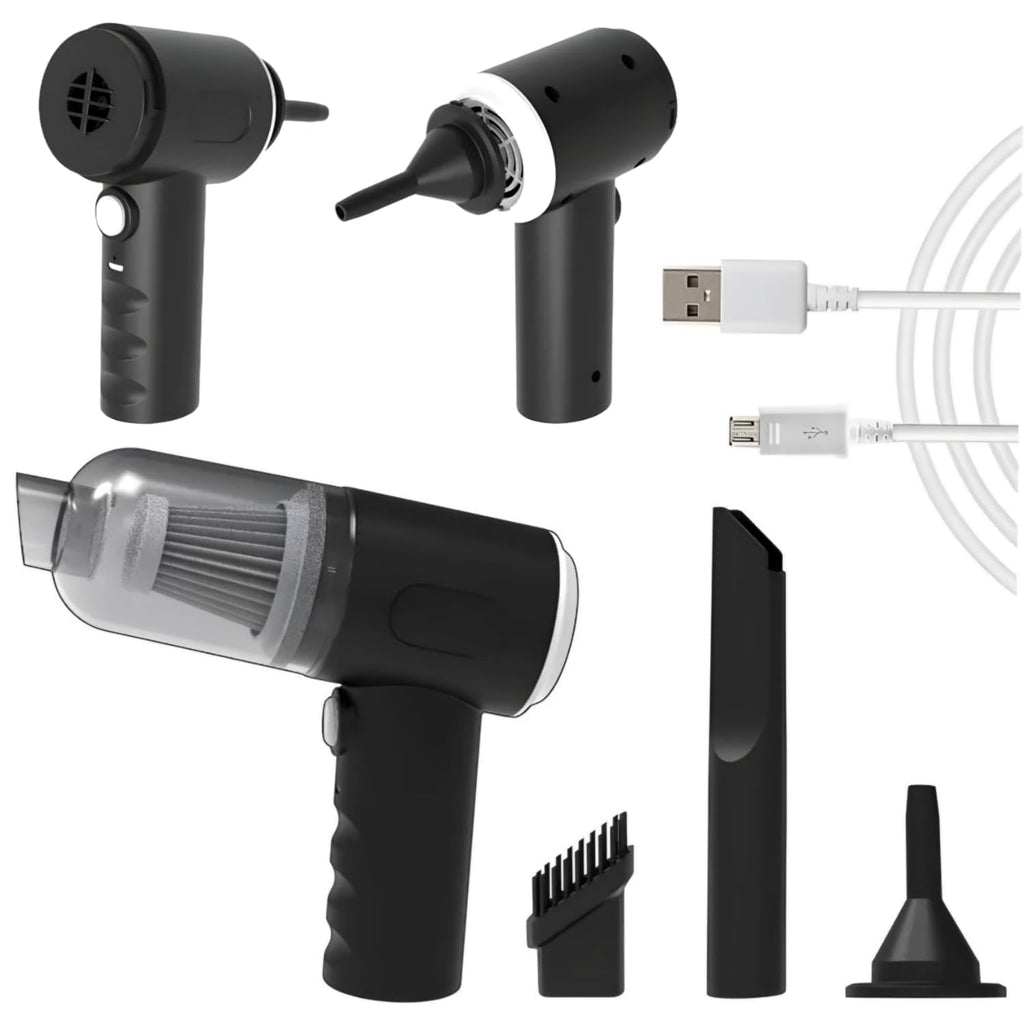 Portable 3-in-1 Car Vaccum Cleaner with Blower, USB Rechargeable, Black, Wireless Handheld Mini Design, Strong Suction, Washable HEPA Filter