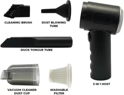 Portable 3-in-1 Car Vaccum Cleaner with Blower, USB Rechargeable, Black, Wireless Handheld Mini Design, Strong Suction, Washable HEPA Filter