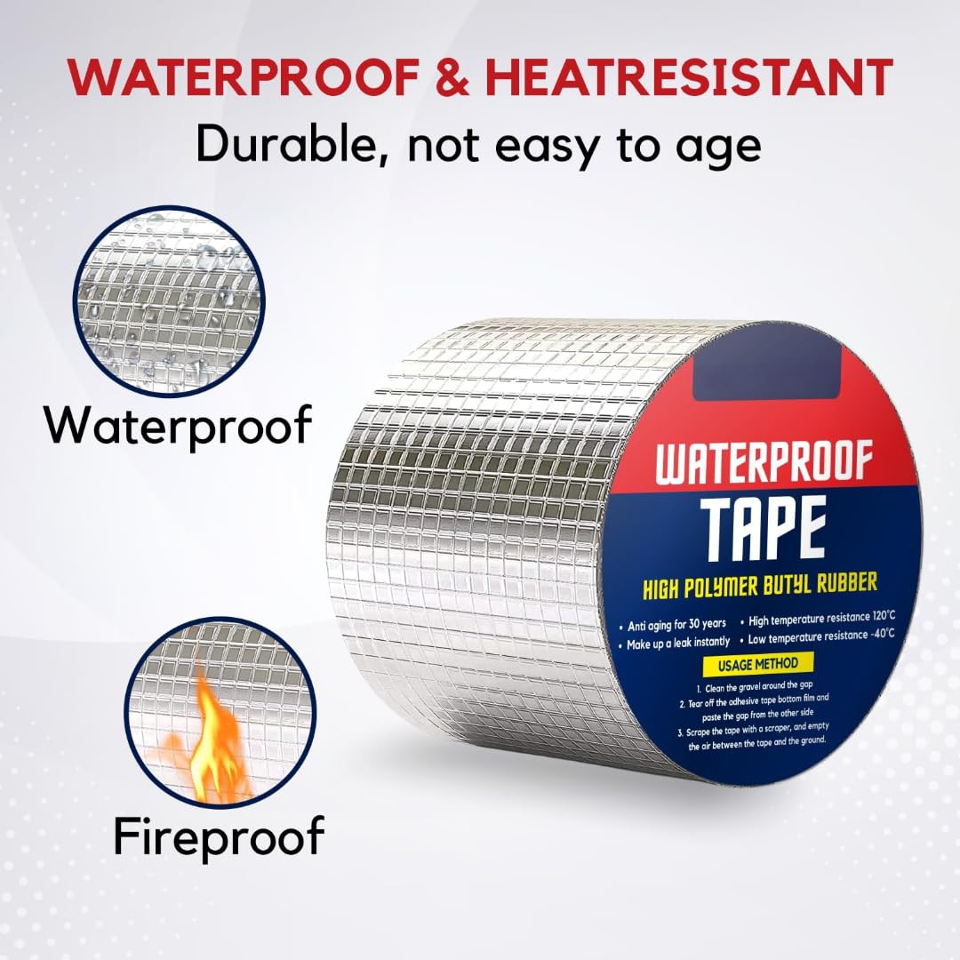 5Meter Super Strong Adhesive Waterproof tape Permanent Repair Roof Water Leakage Solution Rubber Foil Suitable for Roof Leak, surface Crack,Window Sill Gap,Boat Sealing,Tank Leak (4 Inch 10CM*5 Meter)